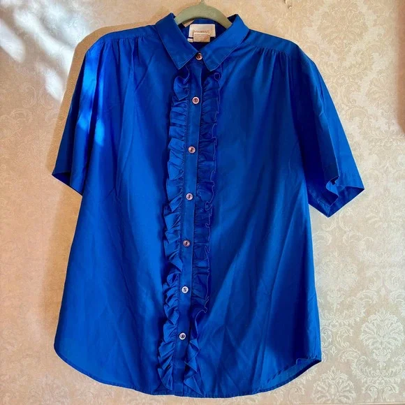 Roaman's Blouse Women's XL Blue Ruffle Front Short Sleeve Button Up Professional - Picture 8 of 10